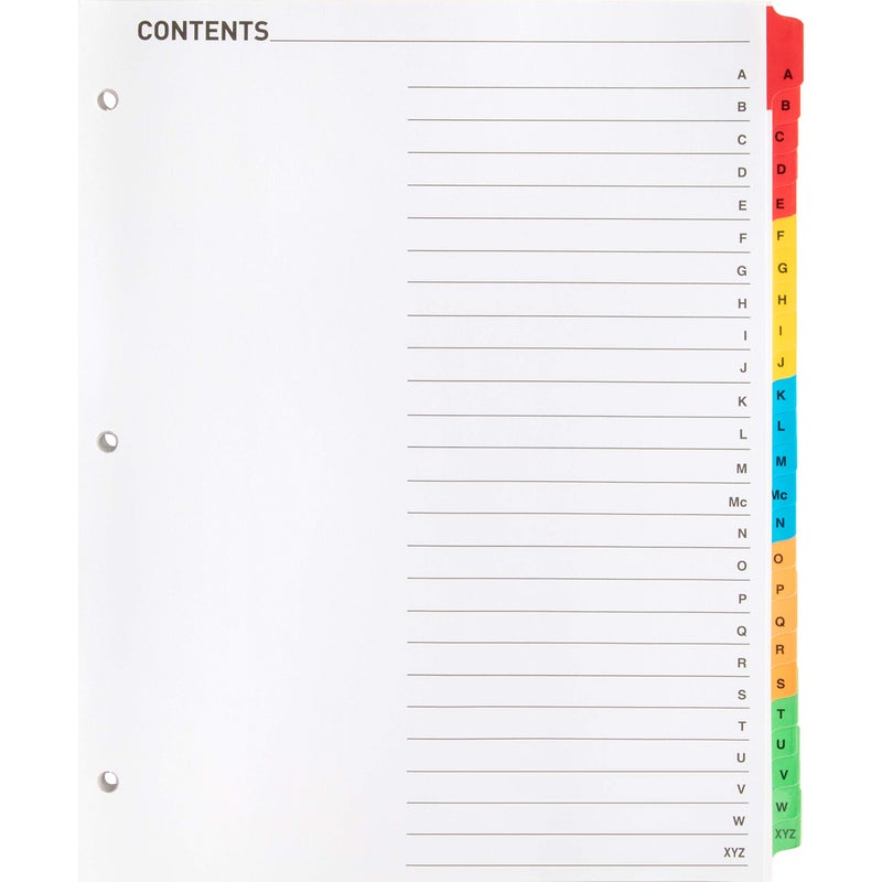 Manaloom Index Dividers, A-Z Tab Printed Table of Contents Index Dividers, 3 Hole Punched for Ring Binders - Colorful Tabs for Greater Visibility - 8.5â€ x 11â€ Letter Size - Image 1